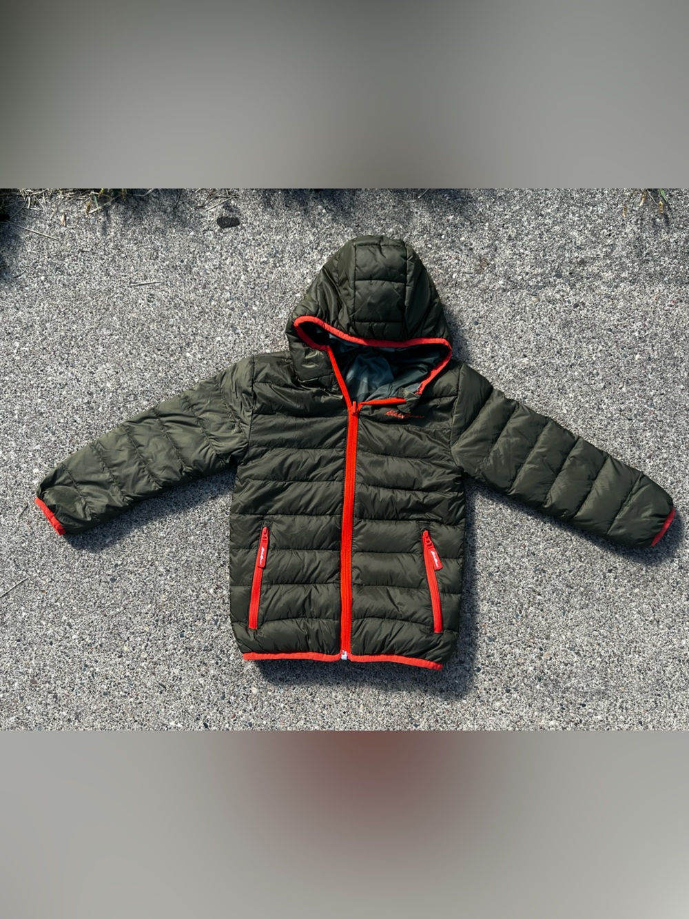 Eddie Bauer Olive Green Hooded Puffer Jacket with Red Trim